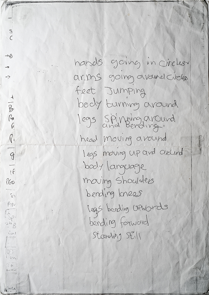 A list of words to as stimuli to create movement i.e. arms moving around, lying down straight